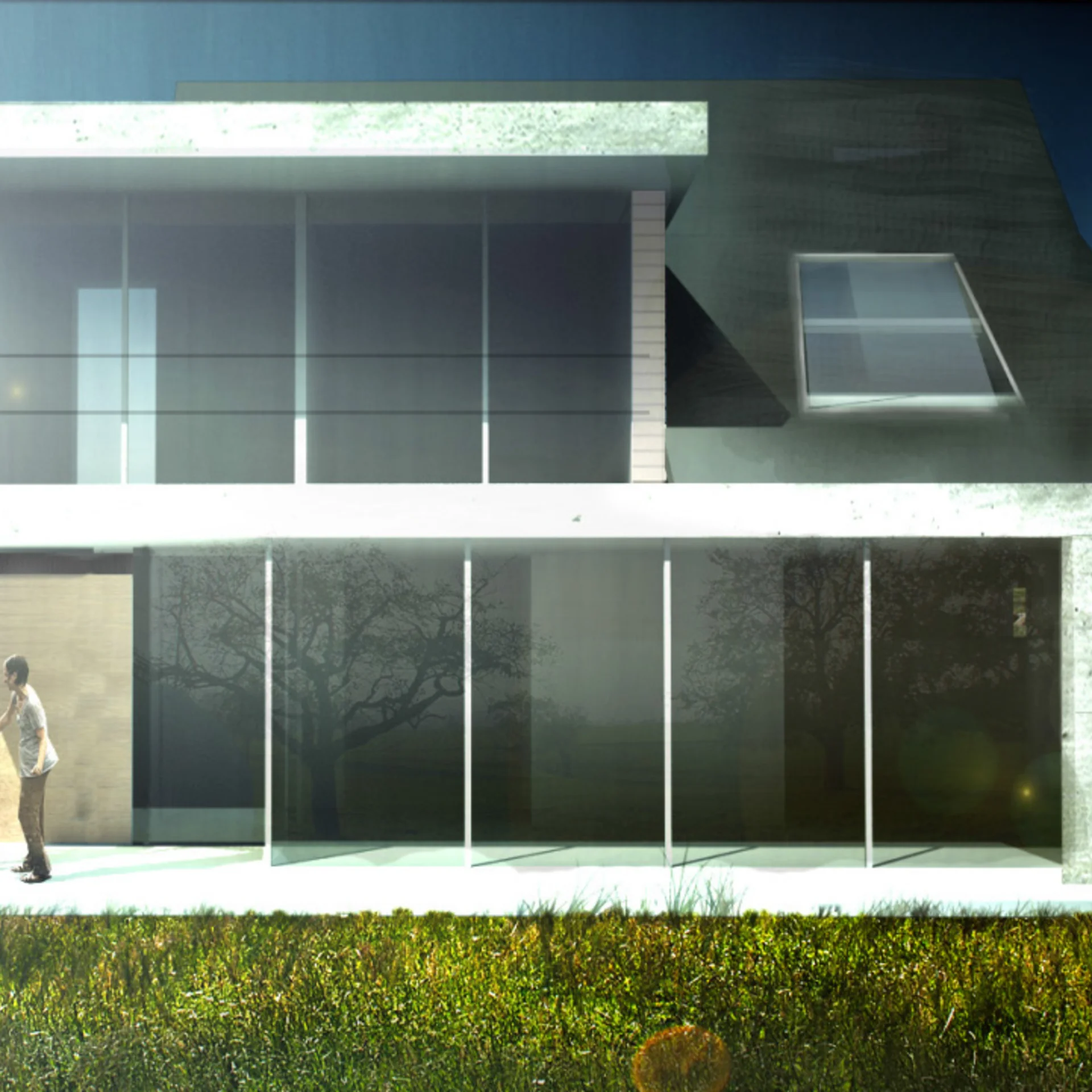 CGI Bild von zweistöckigem Haus mit Fensterfront auf beiden Stockwerken