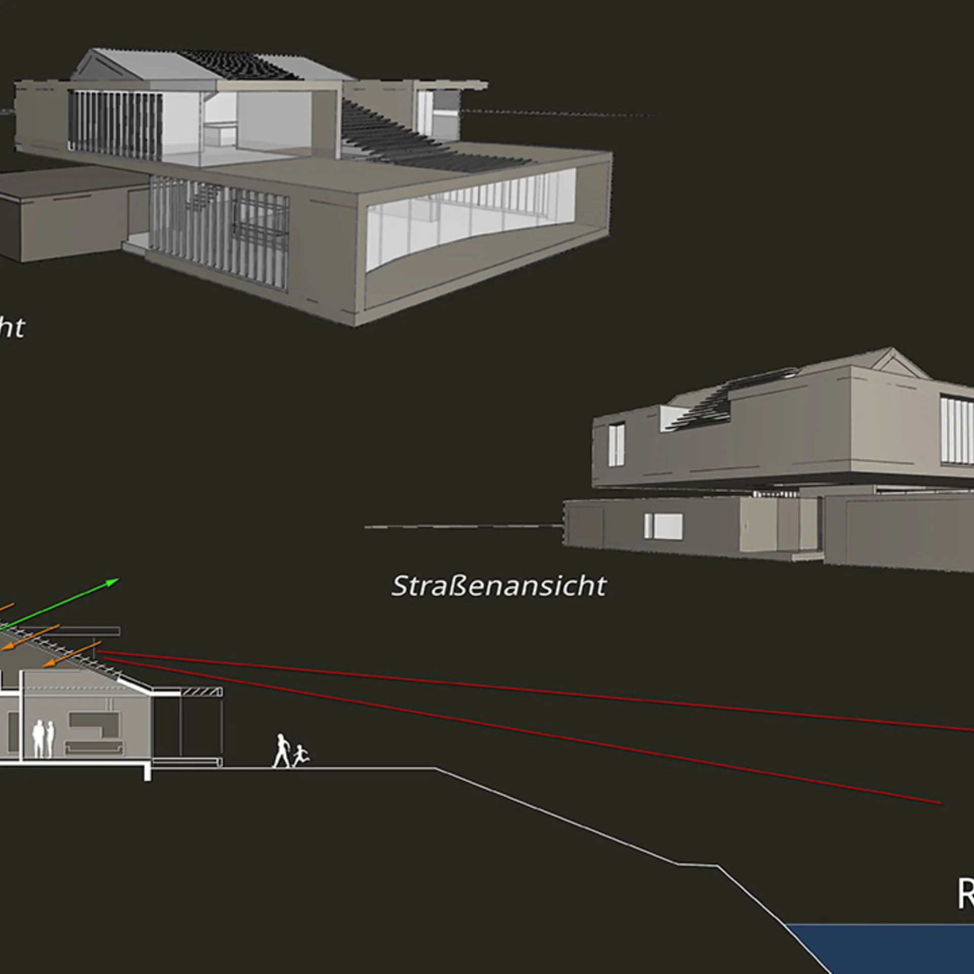 Schaubild gezeichnetes Haus aus drei Perspektiven
