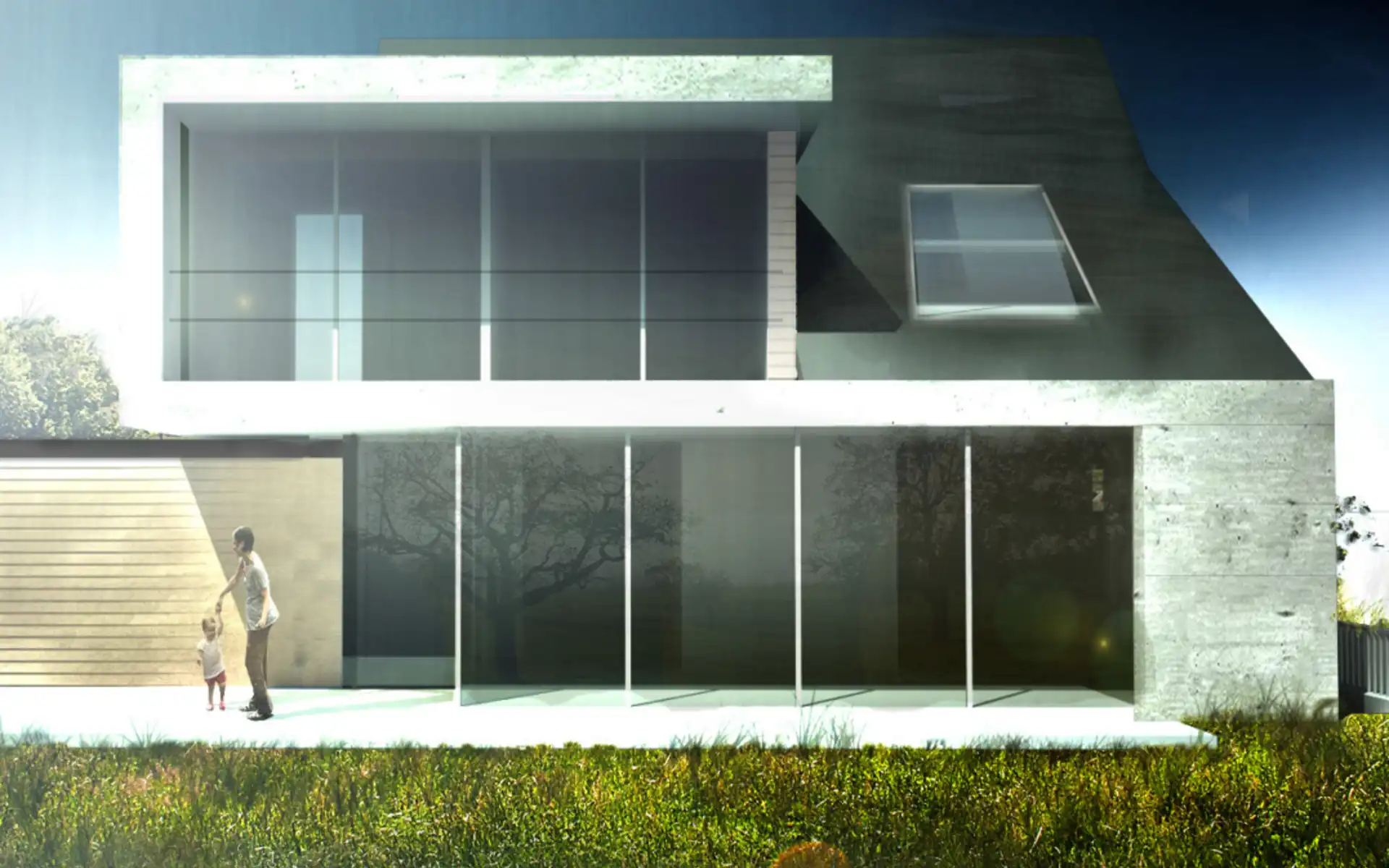 CGI Bild von zweistöckigem Haus mit Fensterfront auf beiden Stockwerken