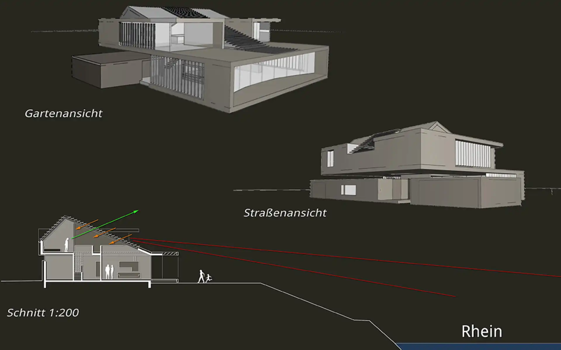 Schaubild gezeichnetes Haus aus drei Perspektiven