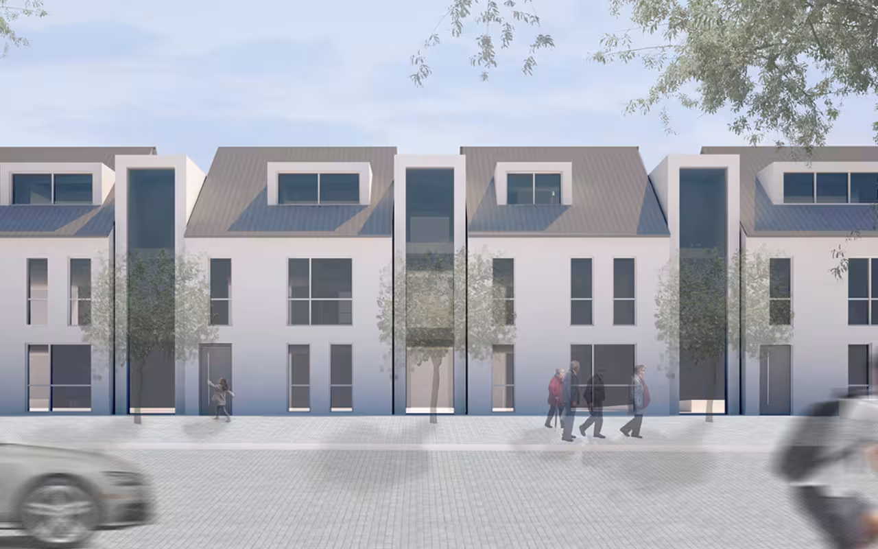 CGI von Häuserreihe, weiße, dreistöckige Häuser