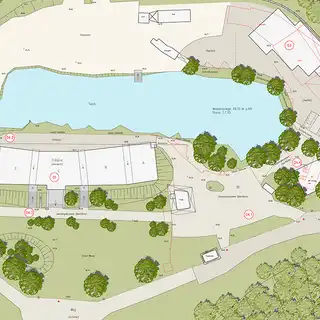 Bebauungsplan eines Areals mit großem See in der mitte